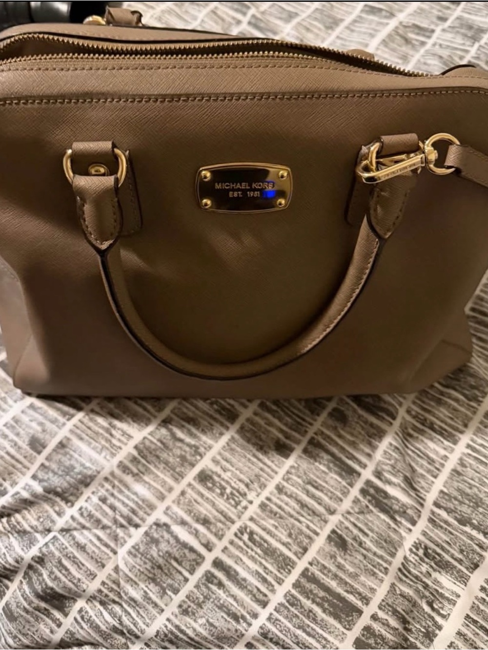 Michael Kors Taupe Saffiano Satchel with Gold Hardware